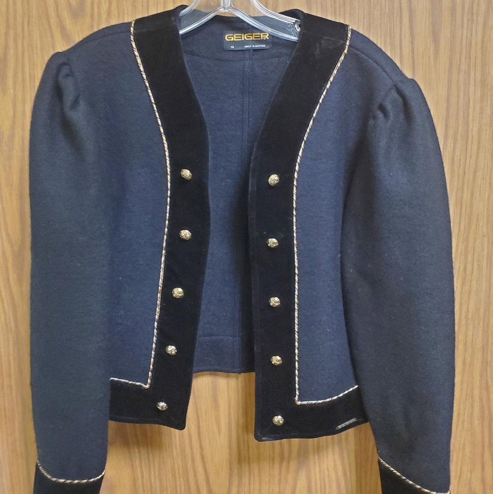 GEIGER PURE WOOL JACKET Black with gold buttons and trims Sz 38.
